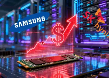 Ilustrasi grafik merah harga SSD naik drastis dengan logo Samsung dan SK Hynix di latar belakang server data center AI.