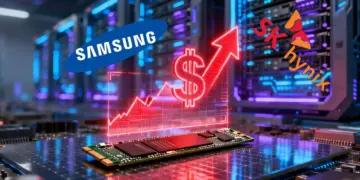 Ilustrasi grafik merah harga SSD naik drastis dengan logo Samsung dan SK Hynix di latar belakang server data center AI.