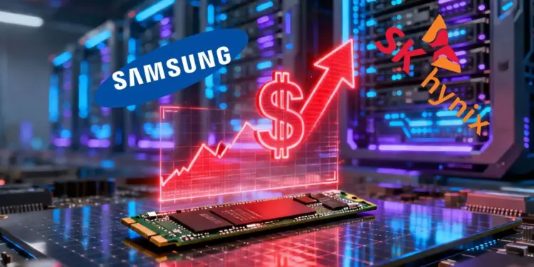 Ilustrasi grafik merah harga SSD naik drastis dengan logo Samsung dan SK Hynix di latar belakang server data center AI.