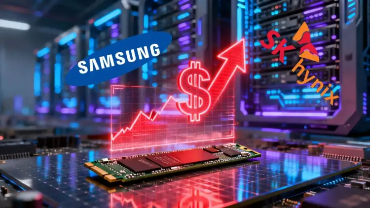 Ilustrasi grafik merah harga SSD naik drastis dengan logo Samsung dan SK Hynix di latar belakang server data center AI.