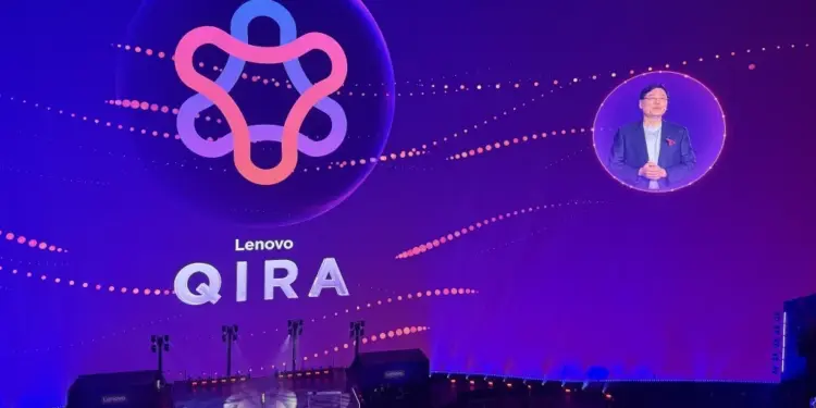 Suasana panggung Inovasi Lenovo CES 2026 saat peluncuran Lenovo Qira, sebuah Super Agent AI Personal revolusioner yang terintegrasi di berbagai perangkat.