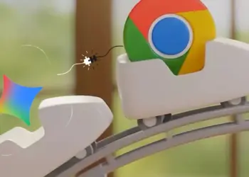 Ilustrasi logo Google Chrome di gerbong roller coaster di depan, diikuti oleh logo Gemini AI di gerbong belakang yang terhubung dengan kabel, melaju di lintasan. Konsep integrasi Gemini 3 di Google Chrome untuk browsing cepat.