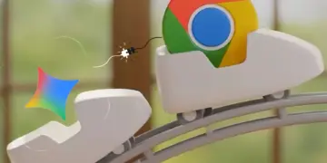 Ilustrasi logo Google Chrome di gerbong roller coaster di depan, diikuti oleh logo Gemini AI di gerbong belakang yang terhubung dengan kabel, melaju di lintasan. Konsep integrasi Gemini 3 di Google Chrome untuk browsing cepat.