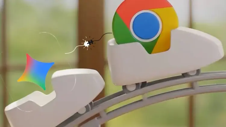 Ilustrasi logo Google Chrome di gerbong roller coaster di depan, diikuti oleh logo Gemini AI di gerbong belakang yang terhubung dengan kabel, melaju di lintasan. Konsep integrasi Gemini 3 di Google Chrome untuk browsing cepat.
