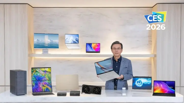 Samson Hu Co-CEO ASUS memperkenalkan jajaran hero model Laptop AI ASUS CES 2026 dalam acara Always Incredible.