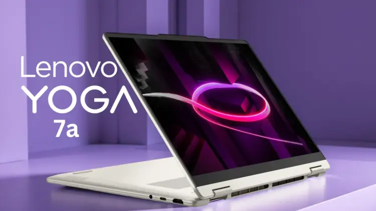 Laptop Lenovo Yoga 7a berwarna putih dengan layar OLED yang menampilkan grafis ungu, dipamerkan sebagai perangkat 2-in-1 dengan prosesor AMD Ryzen AI di ajang CES 2026.