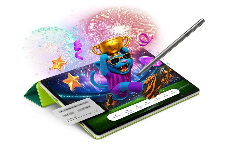 Tampilan Lenovo Yoga Tab FIFA Edition dengan folio case eksklusif berwarna hijau kuning dan fitur stylus pen untuk edisi Piala Dunia 2026.