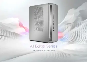 Mini PC MSI AI Edge Series desktop dengan sasis perak kompak, solusi AI powerhouse terbaru yang diperkenalkan di CES 2026.