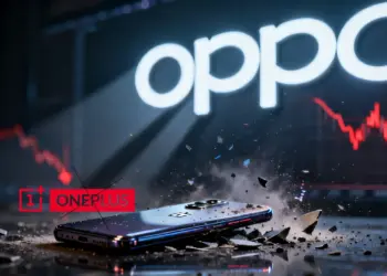 Ilustrasi nasib OnePlus yang terancam berakhir dengan logo Oppo besar dan grafik penurunan penjualan smartphone di latar belakang.