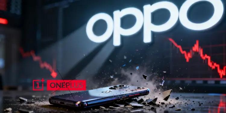 Ilustrasi nasib OnePlus yang terancam berakhir dengan logo Oppo besar dan grafik penurunan penjualan smartphone di latar belakang.