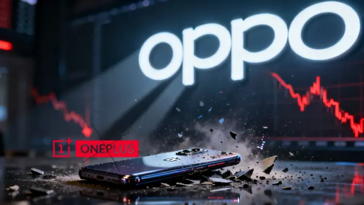 Ilustrasi nasib OnePlus yang terancam berakhir dengan logo Oppo besar dan grafik penurunan penjualan smartphone di latar belakang.