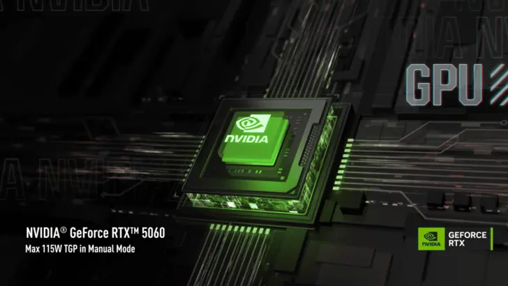 Kartu grafis diskrit NVIDIA GeForce RTX 5060 pada laptop ASUS TUF Gaming A14 FA401GM dengan TGP maksimal 115W.