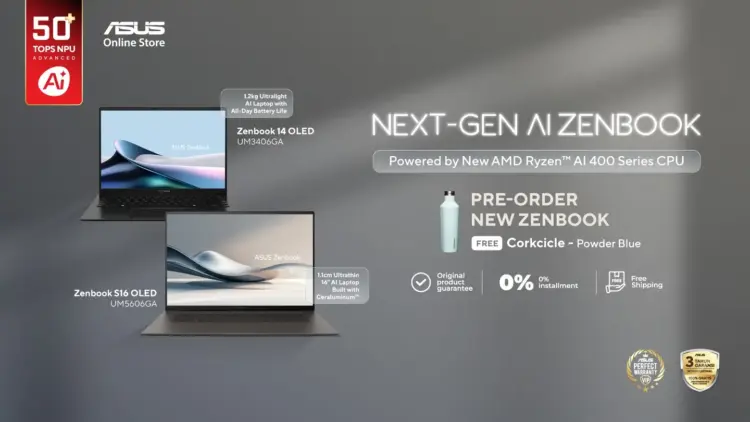 Ilustrasi promo pre-order Laptop AI Zenbook terbaru seri ASUS Zenbook S16 dan 14 OLED dengan penawaran bonus Corkcicle.