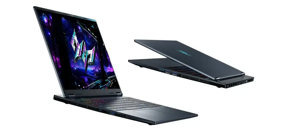 Laptop gaming Acer Predator Helios Neo 16S AI dengan prosesor Intel Core Ultra 9 386H dan GPU NVIDIA RTX 5070 dalam desain sasis logam ramping.