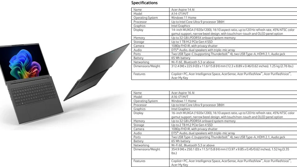Tabel spesifikasi Acer Aspire AI 14 dan 16 inci yang menggunakan prosesor Intel Core Ultra 9 386H Panther Lake-H dengan RAM 32GB.