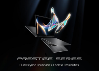 Laptop MSI Prestige Series terbaru dengan desain elegan dan tipis, menampilkan performa prosesor Intel Core Ultra Series 3.