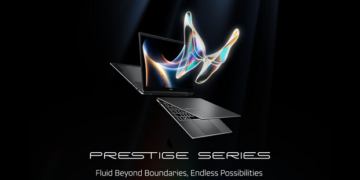 Laptop MSI Prestige Series terbaru dengan desain elegan dan tipis, menampilkan performa prosesor Intel Core Ultra Series 3.