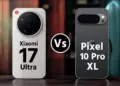 Perbandingan desain bodi belakang Xiaomi 17 Ultra varian putih dan Google Pixel 10 Pro XL varian hitam.