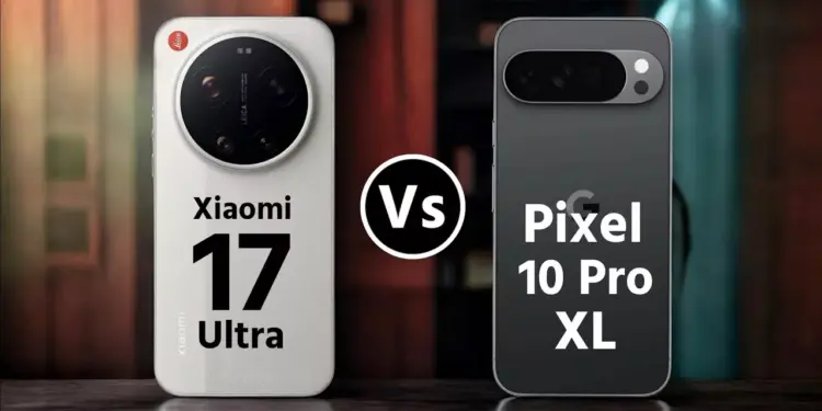 Perbandingan desain bodi belakang Xiaomi 17 Ultra varian putih dan Google Pixel 10 Pro XL varian hitam.