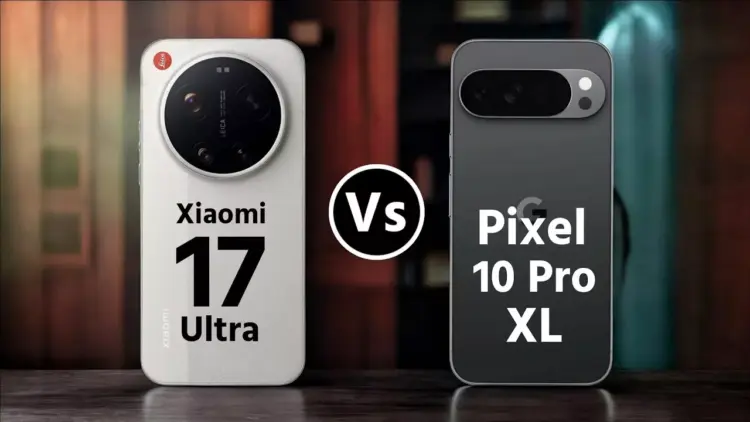Perbandingan desain bodi belakang Xiaomi 17 Ultra varian putih dan Google Pixel 10 Pro XL varian hitam.