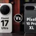 Perbandingan desain bodi belakang Xiaomi 17 Ultra varian putih dan Google Pixel 10 Pro XL varian hitam.