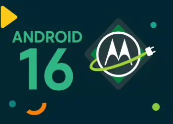 Logo Android 16 dengan ikon Motorola dan kabel pengisi daya, menandakan pembaruan sistem operasi terbaru.