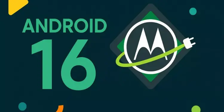 Logo Android 16 dengan ikon Motorola dan kabel pengisi daya, menandakan pembaruan sistem operasi terbaru.
