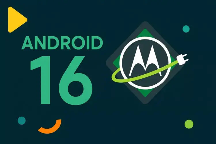 Logo Android 16 dengan ikon Motorola dan kabel pengisi daya, menandakan pembaruan sistem operasi terbaru.