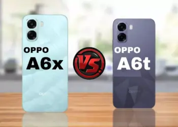 Perbandingan desain bodi belakang OPPO A6t warna ungu dan OPPO A6x warna biru muda dengan modul kamera ganda.