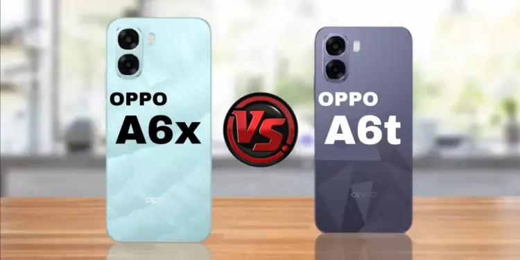 Perbandingan desain bodi belakang OPPO A6t warna ungu dan OPPO A6x warna biru muda dengan modul kamera ganda.