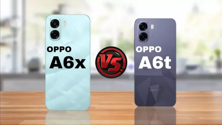 Perbandingan desain bodi belakang OPPO A6t warna ungu dan OPPO A6x warna biru muda dengan modul kamera ganda.
