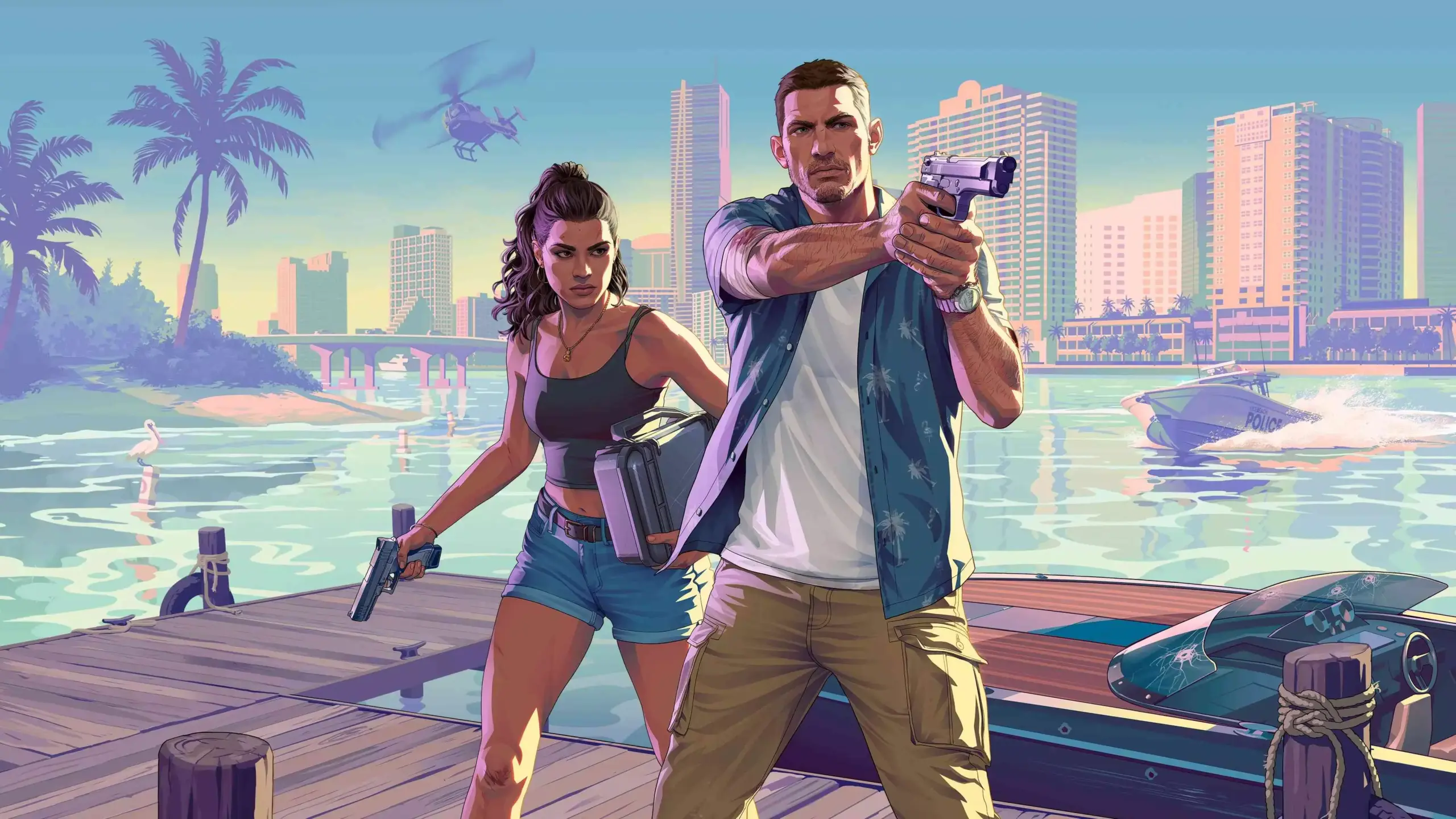 Ilustrasi karakter utama pria dan wanita GTA 6 sedang memegang senjata di dermaga dengan latar belakang kota Vice City.