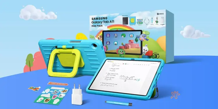 Tablet edukasi Samsung Galaxy Tab A11 Kids Pack berwarna biru dengan fitur AI Solve Math untuk belajar matematika anak.