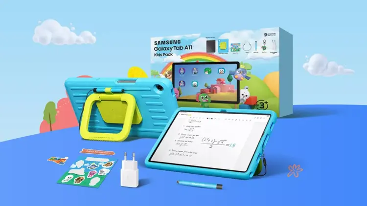 Tablet edukasi Samsung Galaxy Tab A11 Kids Pack berwarna biru dengan fitur AI Solve Math untuk belajar matematika anak.
