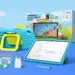 Tablet edukasi Samsung Galaxy Tab A11 Kids Pack berwarna biru dengan fitur AI Solve Math untuk belajar matematika anak.