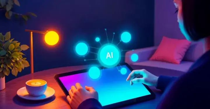 Ilustrasi robot Android keluar dari layar ponsel yang dikelilingi ikon data pribadi, menunjukkan risiko privasi pada Aplikasi AI.