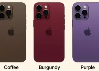 Tiga varian warna iPhone 18 Pro: Coffee, Burgundy, dan Purple dengan modul kamera khas Apple.