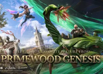 Poster resmi PUBG MOBILE 4.2 Primewood Genesis menampilkan karakter terbang dengan sayap peri dan monster tanaman raksasa.