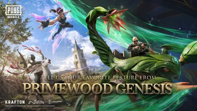 Poster resmi PUBG MOBILE 4.2 Primewood Genesis menampilkan karakter terbang dengan sayap peri dan monster tanaman raksasa.