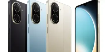 Tiga pilihan warna POCO C81 Pro yang elegan, hitam, biru muda, dan emas, sebagai alternatif HP murah selain Samsung Galaxy A27 5G.