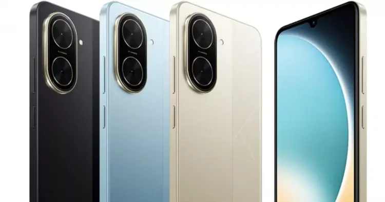 Tiga pilihan warna POCO C81 Pro yang elegan, hitam, biru muda, dan emas, sebagai alternatif HP murah selain Samsung Galaxy A27 5G.