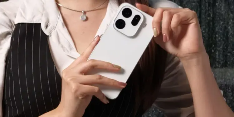 Seseorang memegang Oppo Find X9s yang menunjukkan desain modul kamera melingkar yang besar.