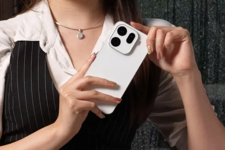 Seseorang memegang Oppo Find X9s yang menunjukkan desain modul kamera melingkar yang besar.