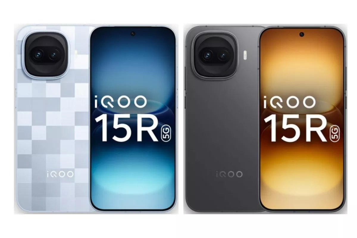 Perbandingan desain depan dan belakang iQOO 15R varian warna Light Blue dengan motif pixel dan Black, menampilkan layar punch-hole minimalis