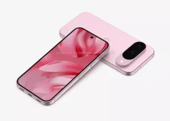 Gambar render Google Pixel 10a warna pink memperlihatkan sisi layar depan dan modul kamera belakang.