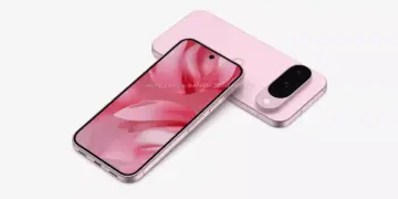 Gambar render Google Pixel 10a warna pink memperlihatkan sisi layar depan dan modul kamera belakang.