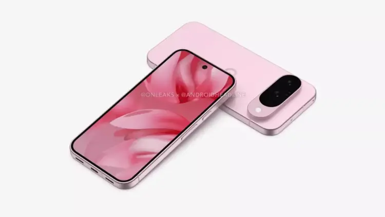 Gambar render Google Pixel 10a warna pink memperlihatkan sisi layar depan dan modul kamera belakang.