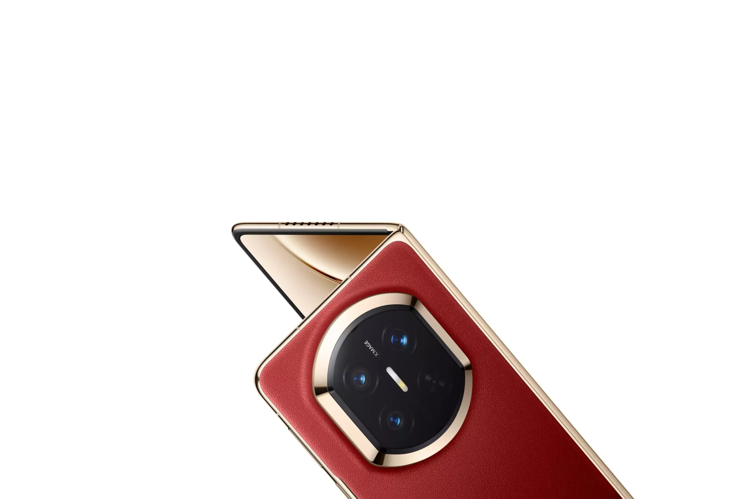 Desain bodi belakang Huawei Mate X7 warna putih dengan tekstur halus dan aksen gold pada modul kamera.