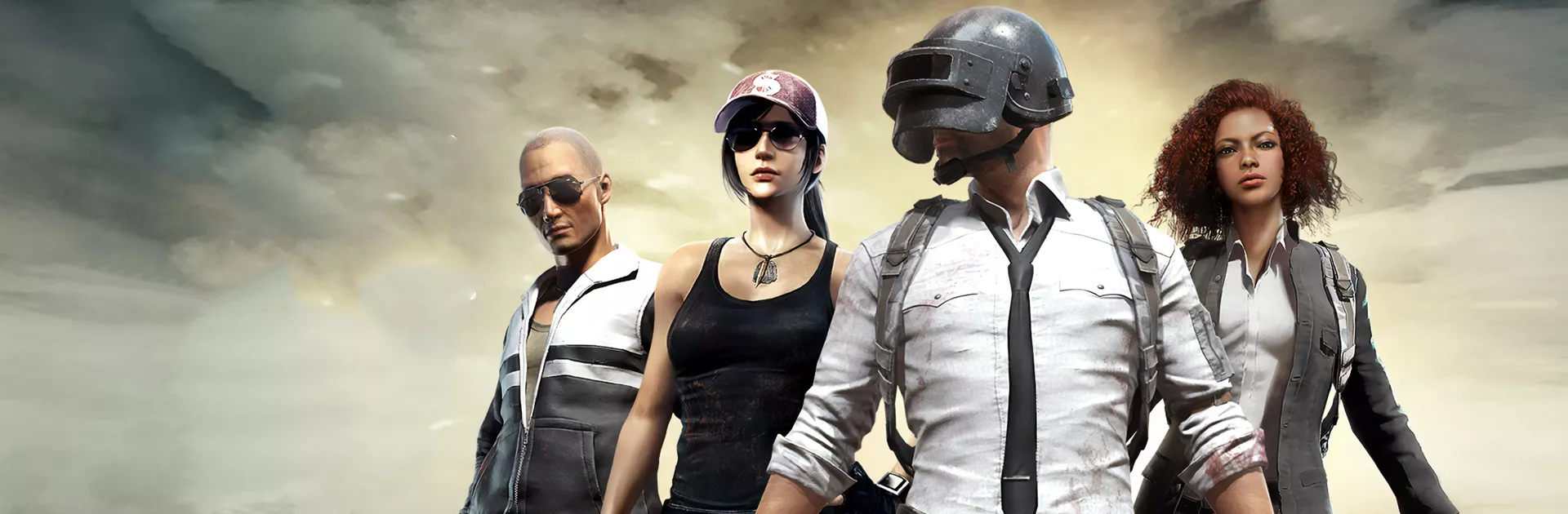 Empat karakter ikonik PUBG MOBILE berdiri bersama dengan latar belakang langit mendung yang dramatis.