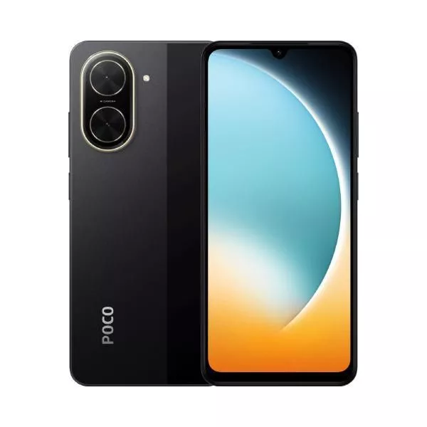 Tampilan depan dan belakang POCO C81 Pro warna hitam dengan logo POCO yang khas dan layar waterdrop notch.